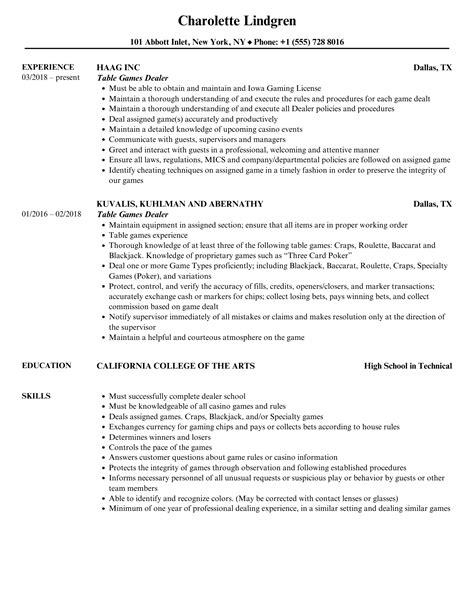 table game dealer resume